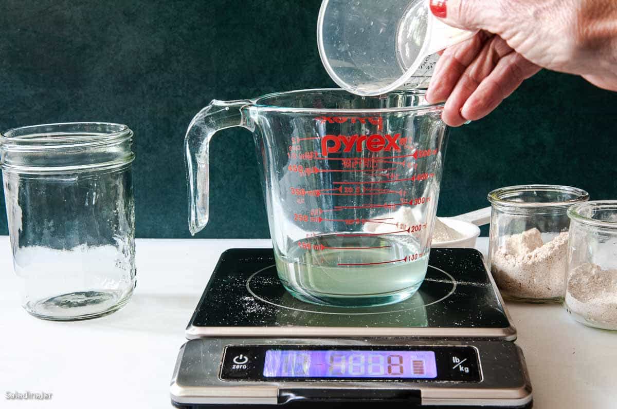 Adding the water and whey for the starter.