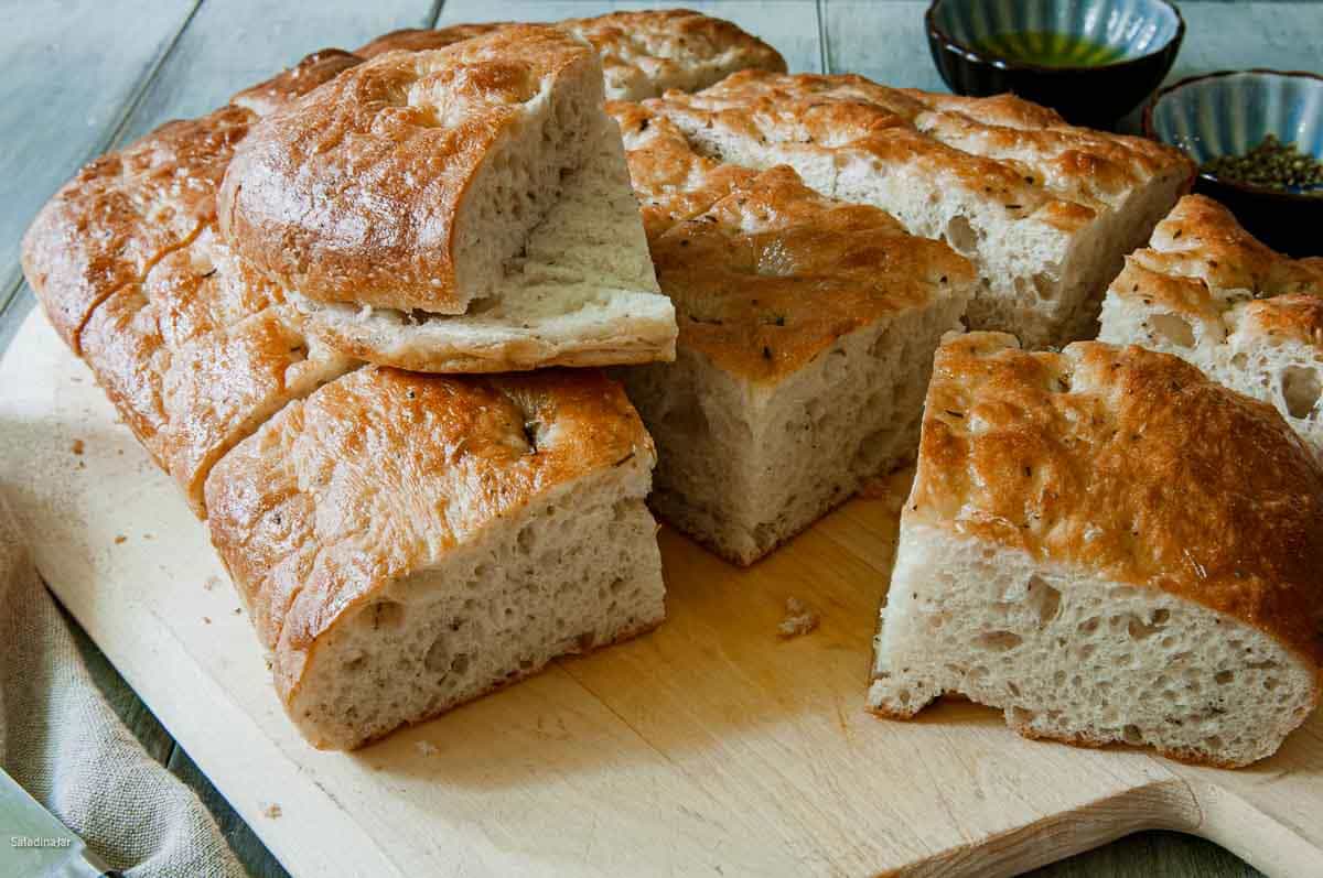 salt-free focaccia sliced in pieces ready to make a sandwich or use for dipping.