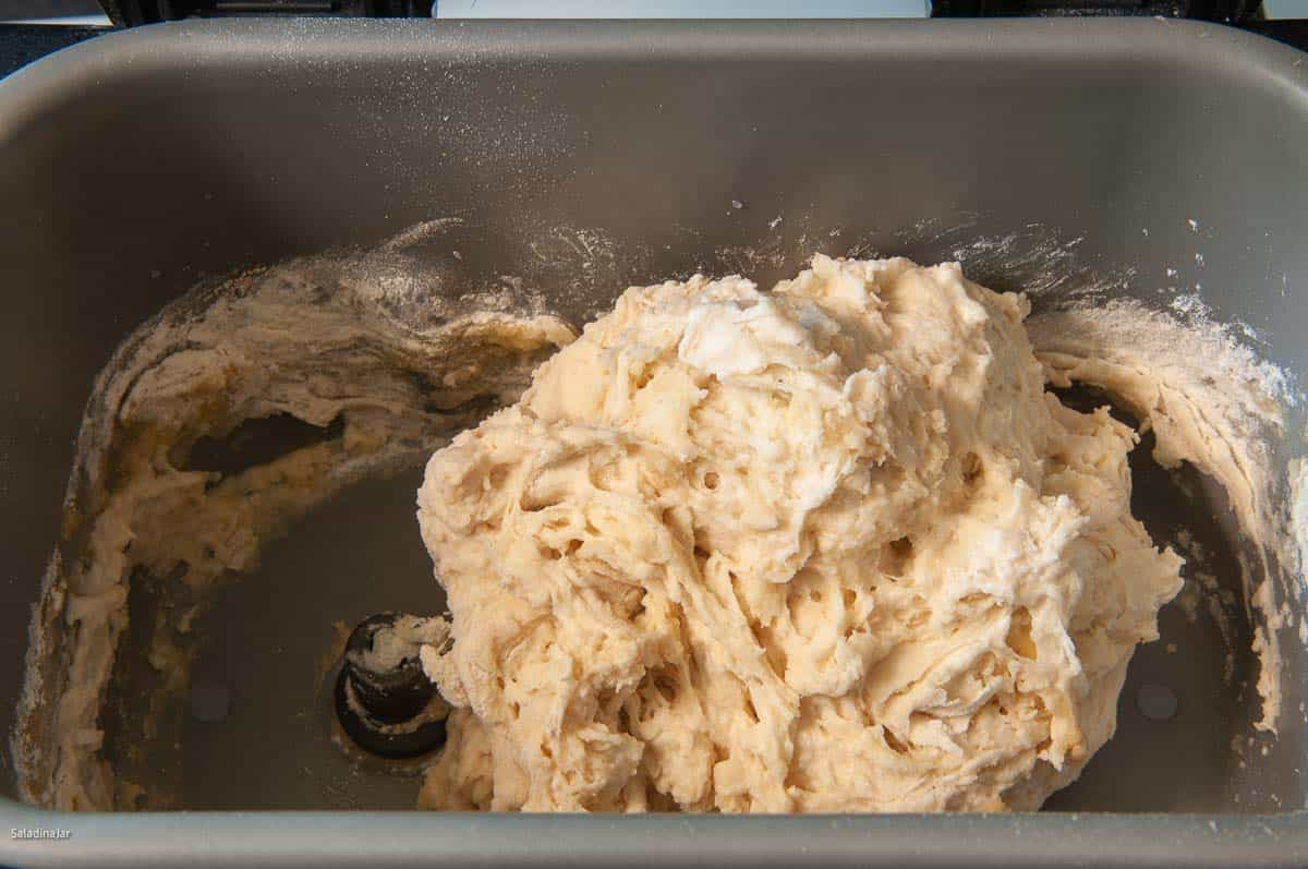 What the dough should look like in the bread machine pan during the first minute.