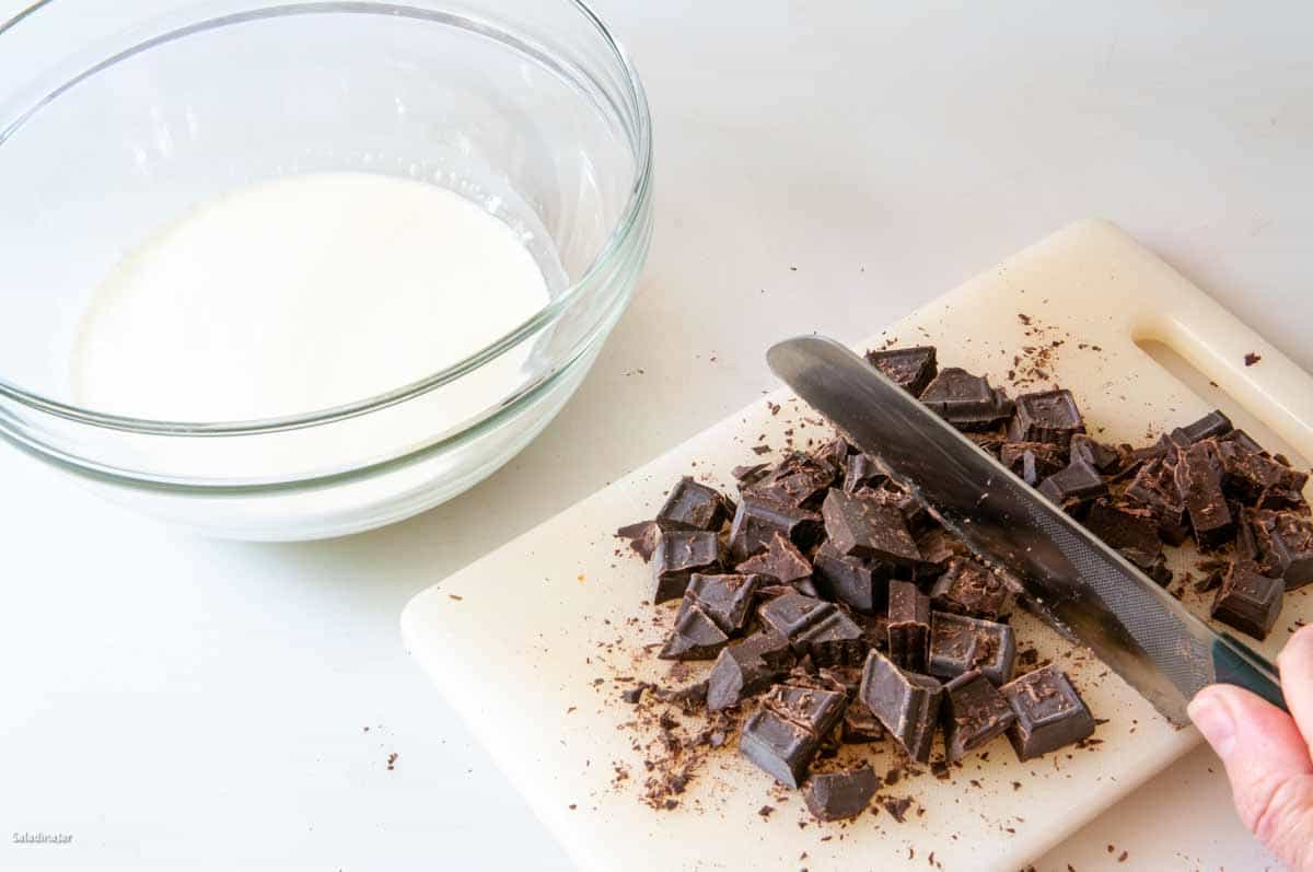 chopping the chocolate before adding to the preheated heavy cream.