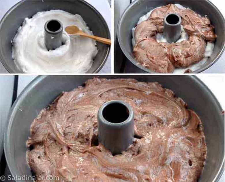 Making layers in the angel food cake pan.