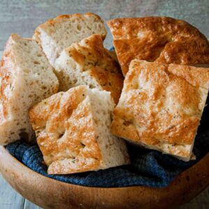 salt-free focaccia in a bowl ready to eat