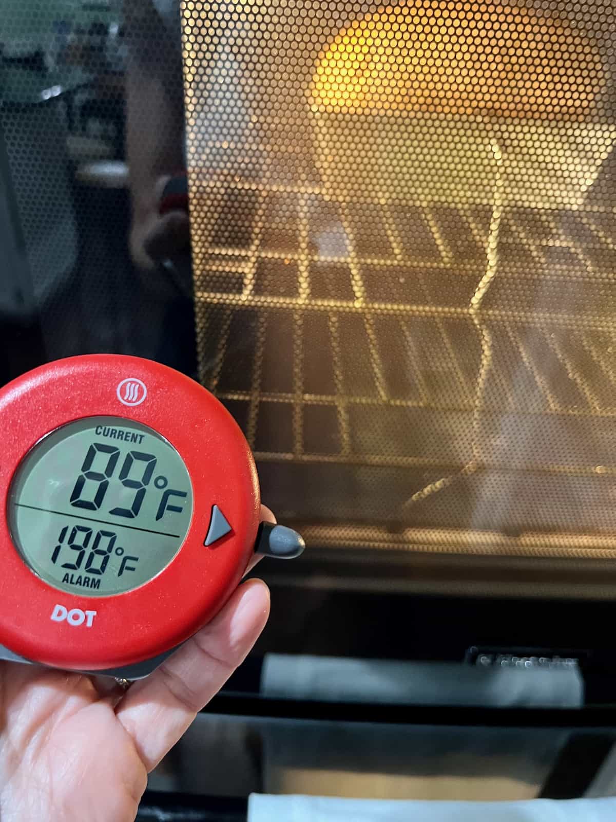 using a DOT digital thermometer to monitor the internal temp of a loaf of bread in the oven.