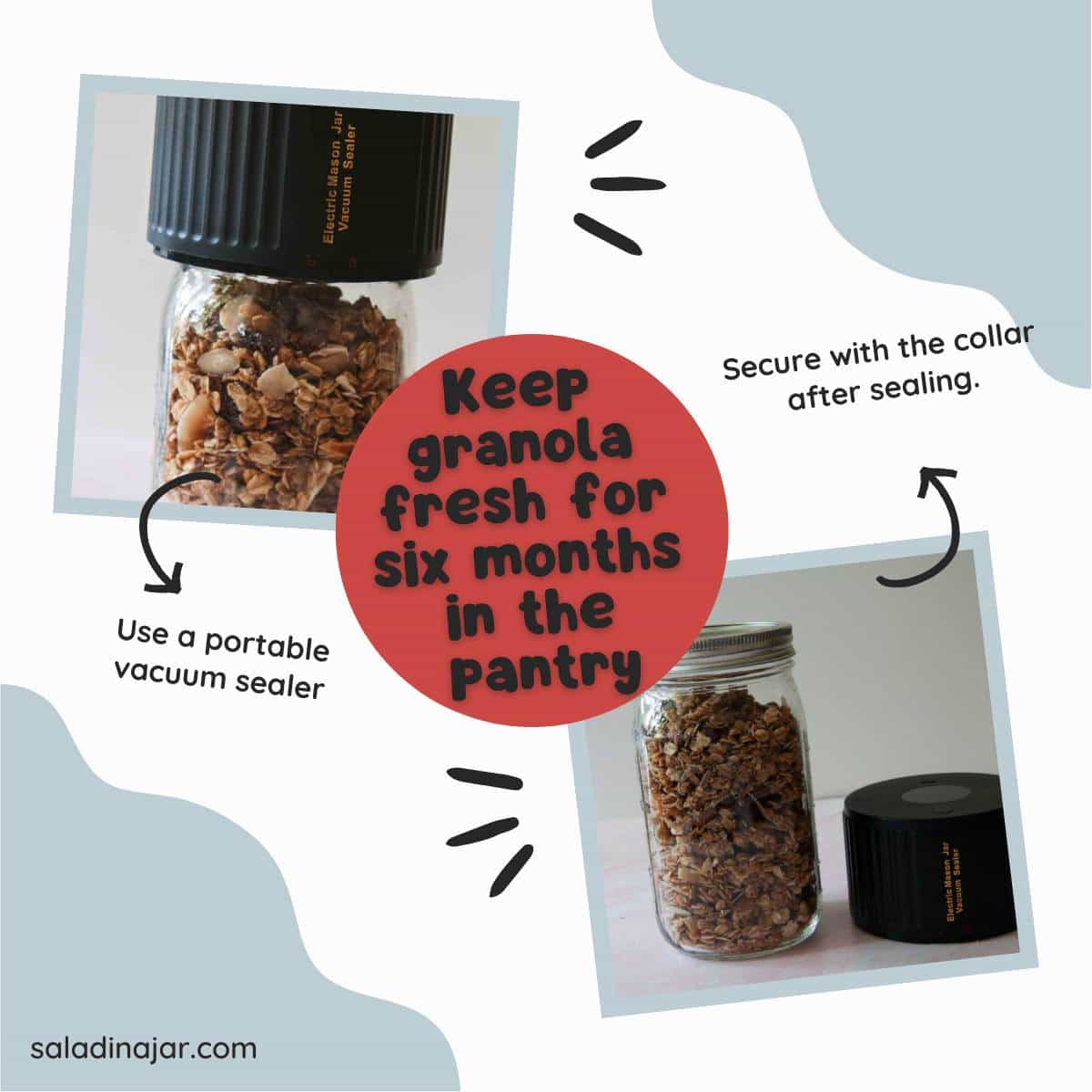 infographic to illustrate how to vacuum-seal low-calorie granola for prolonged freshness.