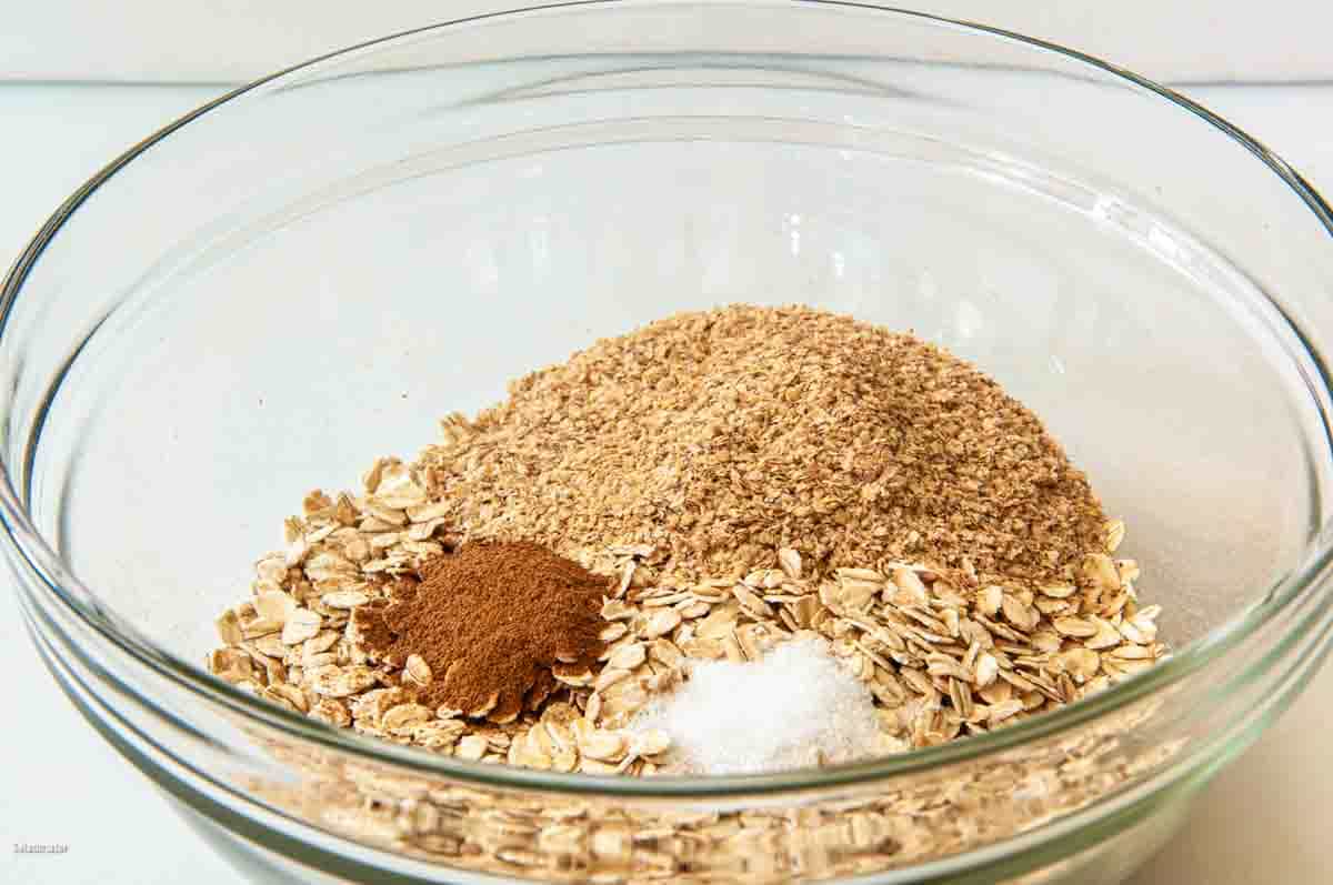 combining oatmeal, wheat germ, cinnamon and salt in a large bowl.