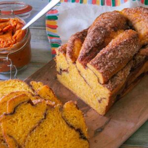 Sliced Pumpkin Brioche Twist showing inner texture.