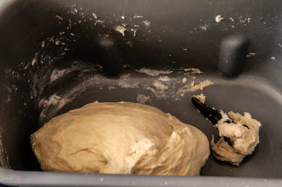Toward the end of the kneading phase, the dough should be smooth and elastic as seen here.
