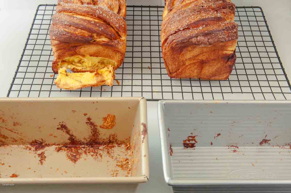 two loaves of pumpkin bread--one stuck to the pan and it ruined the appearance. The other one came out of the pan in perfect condition.