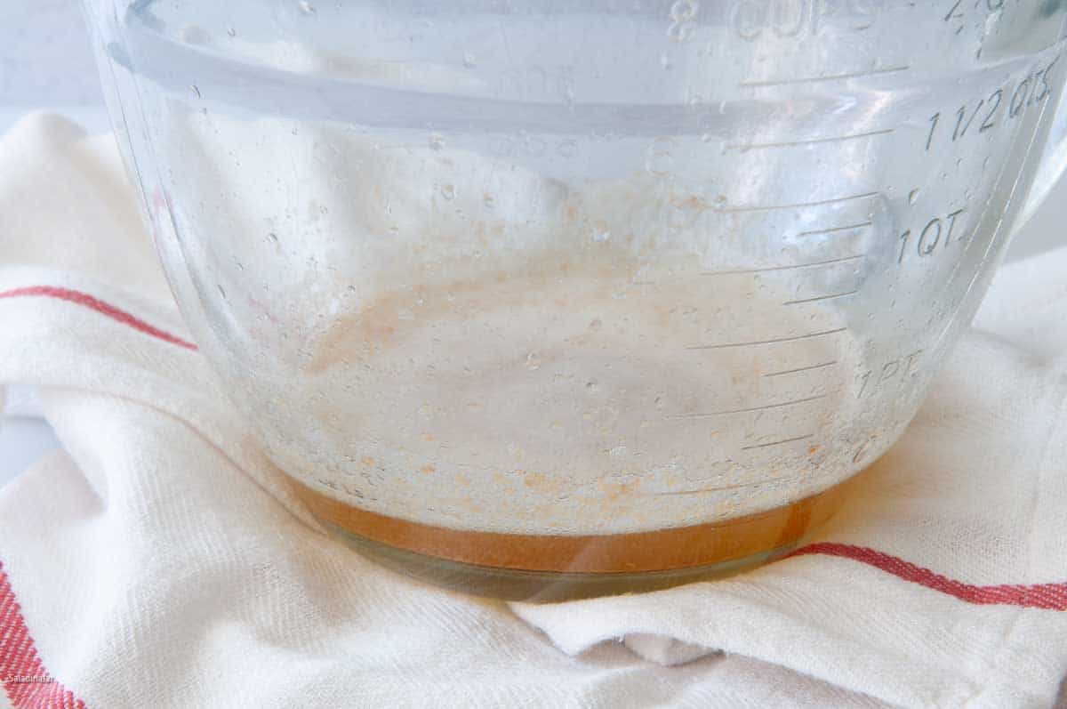 Golden browned butter after cooking in the microwave in a 2-qt Pyrex batter bowl.
