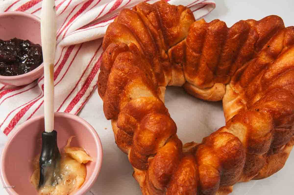 A Valentine's Day Treat of Browned Butter Bread Machine Monkey Bread using a heart-shaped pan.