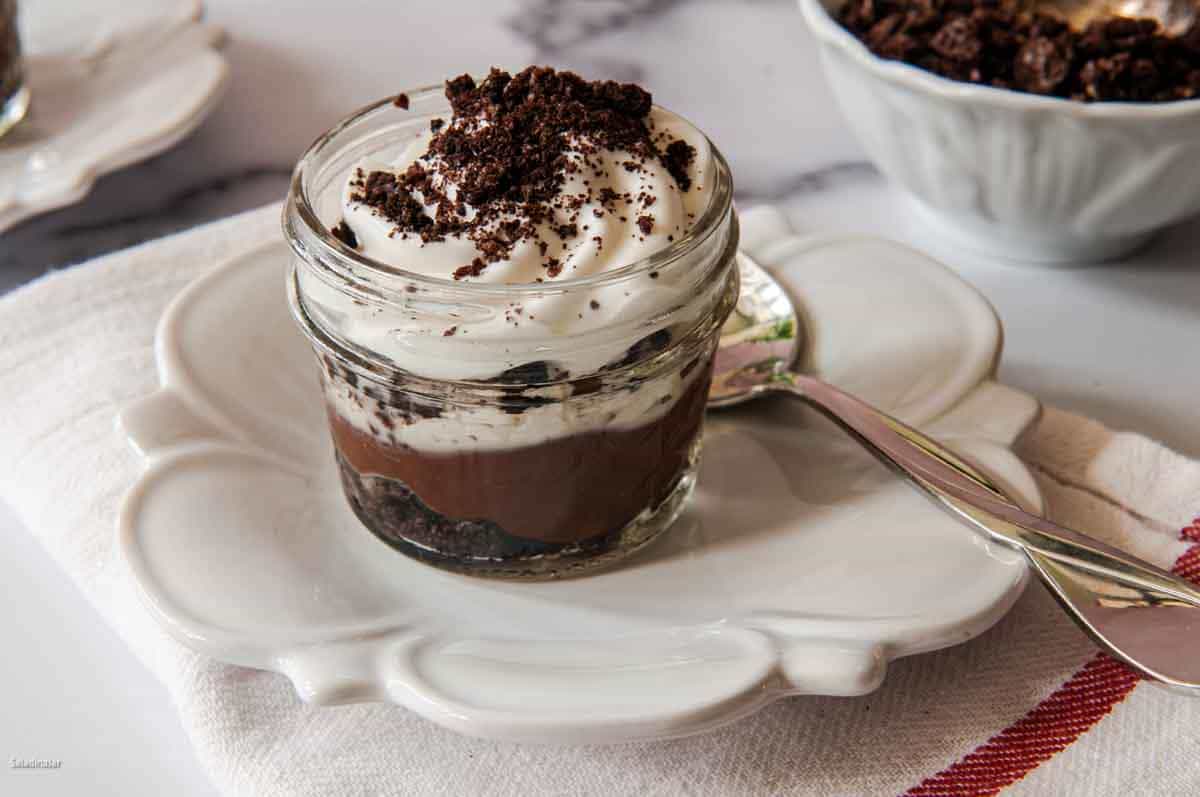 Microwave Chocolate Pudding in a Jar ready for eating.