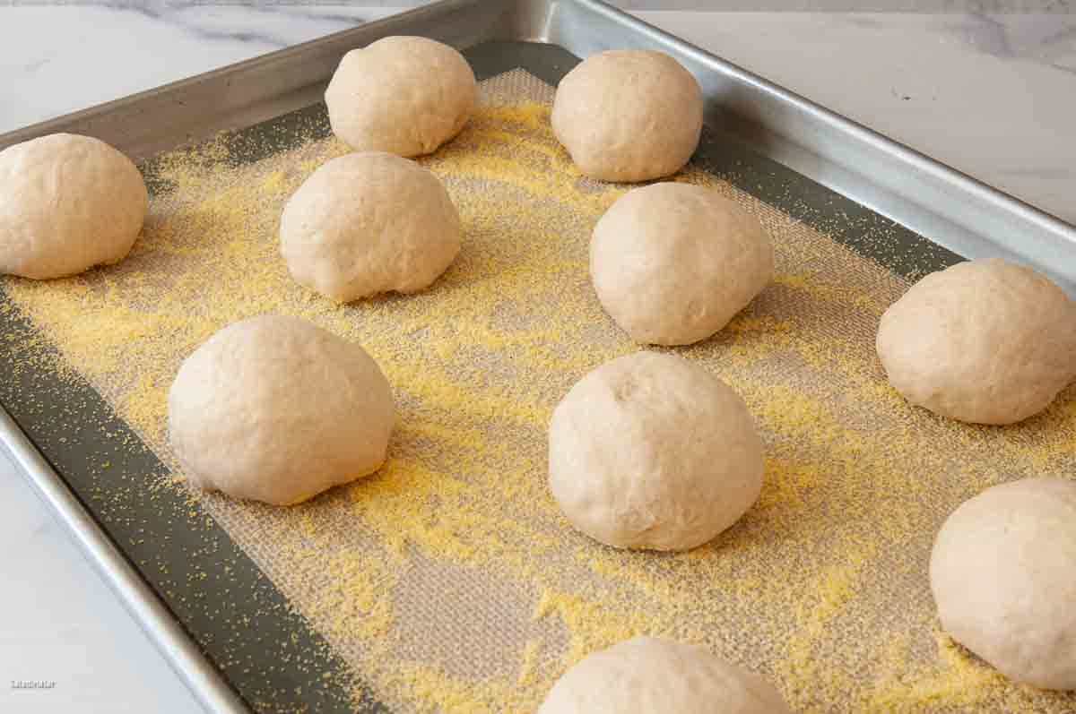 Shaping into balls and placed on a cornmeal-covered baking sheet.