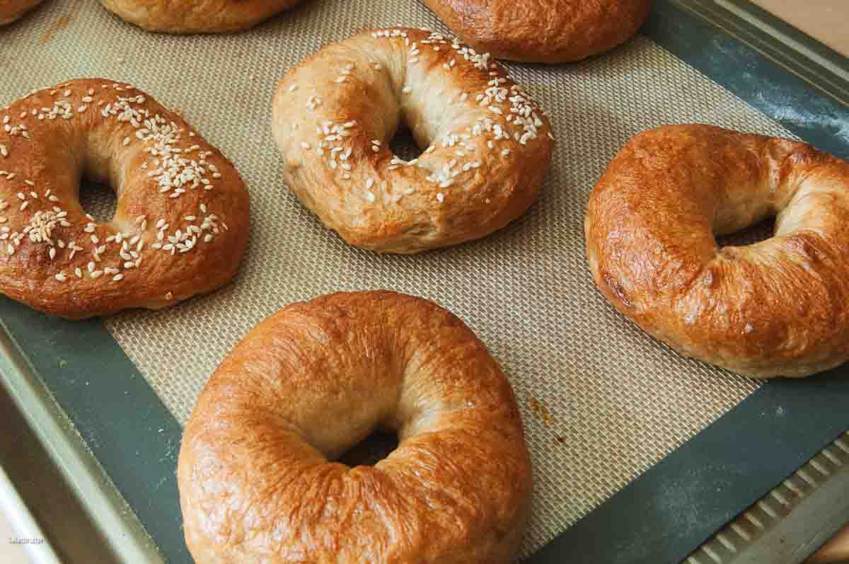 Baked bagels on a baking sheet--beautifully browned.