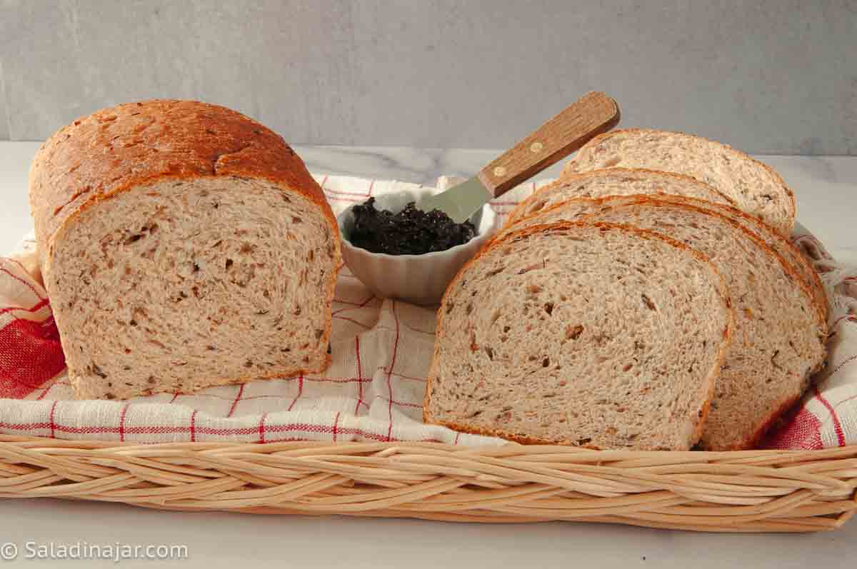 baked and sliced wild rice bread with fig butter on the side.