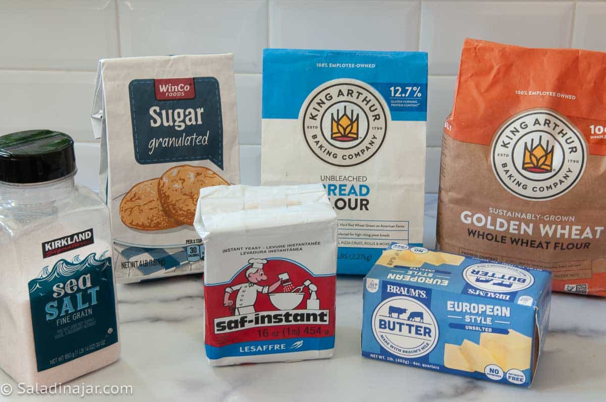 Ingredients needed to make this recipe:  Bread flour, golden wheat flour, butter, instant yeast, sea salt, and sugar